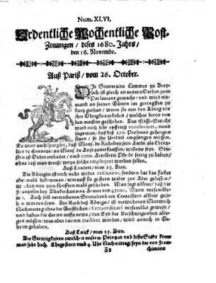 Ordentliche wochentliche Post-Zeitungen Samstag 16. November 1680