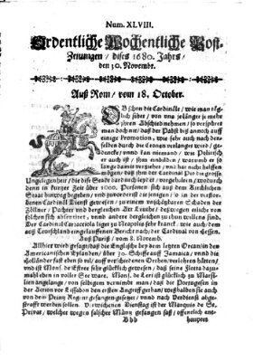 Ordentliche wochentliche Post-Zeitungen Samstag 30. November 1680