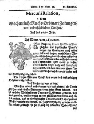 Mercurii Relation, oder wochentliche Reichs Ordinari Zeitungen, von underschidlichen Orthen (Süddeutsche Presse) Sonntag 22. Dezember 1680