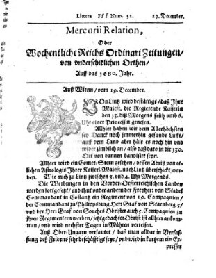 Mercurii Relation, oder wochentliche Reichs Ordinari Zeitungen, von underschidlichen Orthen (Süddeutsche Presse) Sonntag 29. Dezember 1680