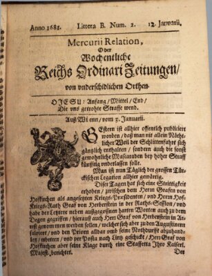 Mercurii Relation, oder wochentliche Reichs Ordinari Zeitungen, von underschidlichen Orthen (Süddeutsche Presse) Sonntag 12. Januar 1681