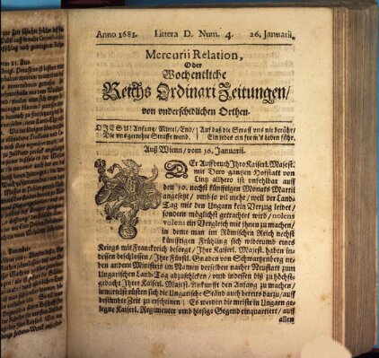 Mercurii Relation, oder wochentliche Reichs Ordinari Zeitungen, von underschidlichen Orthen (Süddeutsche Presse) Sonntag 26. Januar 1681