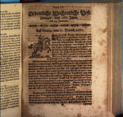 Ordentliche wochentliche Post-Zeitungen Freitag 24. Januar 1681