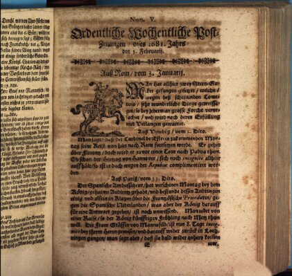 Ordentliche wochentliche Post-Zeitungen Samstag 1. Februar 1681