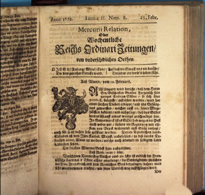 Mercurii Relation, oder wochentliche Reichs Ordinari Zeitungen, von underschidlichen Orthen (Süddeutsche Presse) Sonntag 23. Februar 1681