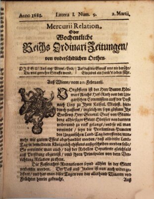 Mercurii Relation, oder wochentliche Reichs Ordinari Zeitungen, von underschidlichen Orthen (Süddeutsche Presse) Sonntag 2. März 1681