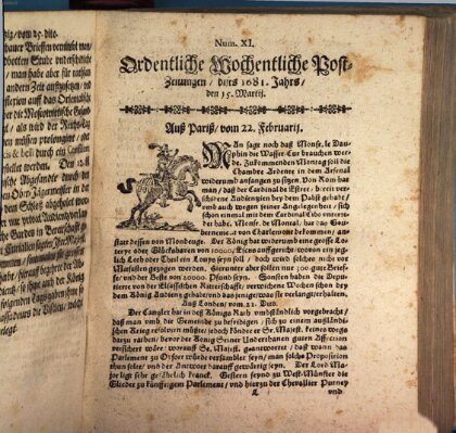 Ordentliche wochentliche Post-Zeitungen Samstag 15. März 1681