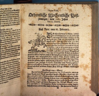 Ordentliche wochentliche Post-Zeitungen Samstag 29. März 1681