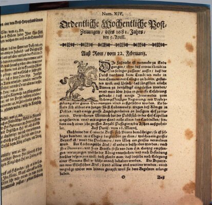 Ordentliche wochentliche Post-Zeitungen Samstag 5. April 1681