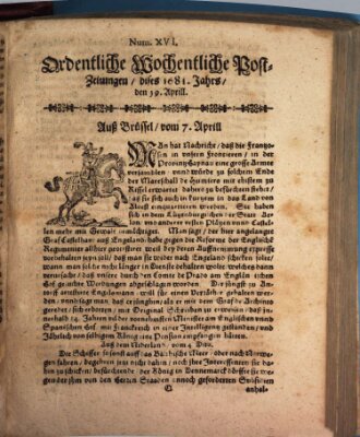 Ordentliche wochentliche Post-Zeitungen Samstag 19. April 1681