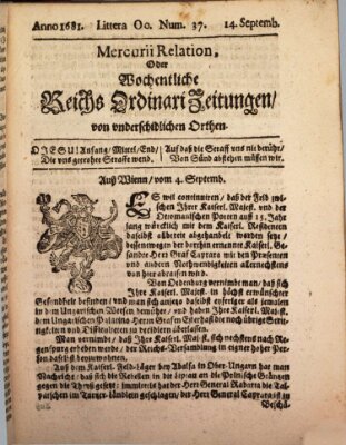 Mercurii Relation, oder wochentliche Reichs Ordinari Zeitungen, von underschidlichen Orthen (Süddeutsche Presse) Sonntag 14. September 1681