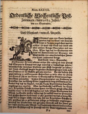 Ordentliche wochentliche Post-Zeitungen Samstag 20. September 1681