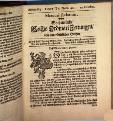 Mercurii Relation, oder wochentliche Reichs Ordinari Zeitungen, von underschidlichen Orthen (Süddeutsche Presse) Sonntag 19. Oktober 1681