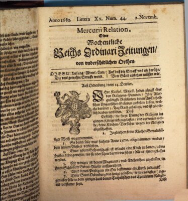 Mercurii Relation, oder wochentliche Reichs Ordinari Zeitungen, von underschidlichen Orthen (Süddeutsche Presse) Sonntag 2. November 1681