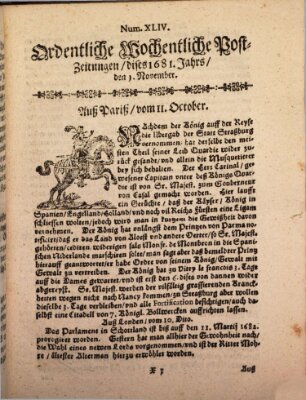 Ordentliche wochentliche Post-Zeitungen Samstag 1. November 1681