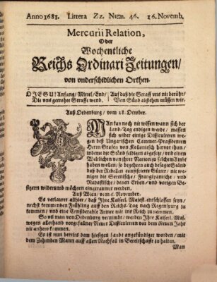 Mercurii Relation, oder wochentliche Reichs Ordinari Zeitungen, von underschidlichen Orthen (Süddeutsche Presse) Sonntag 16. November 1681