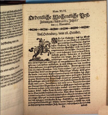 Ordentliche wochentliche Post-Zeitungen Samstag 15. November 1681