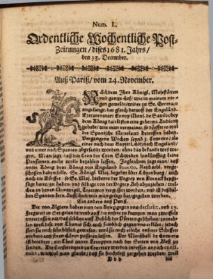 Ordentliche wochentliche Post-Zeitungen Samstag 13. Dezember 1681