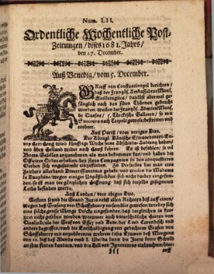 Ordentliche wochentliche Post-Zeitungen Samstag 27. Dezember 1681