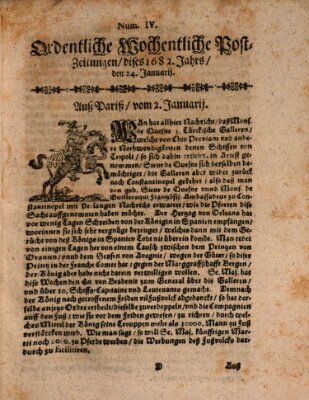 Ordentliche wochentliche Post-Zeitungen Samstag 24. Januar 1682