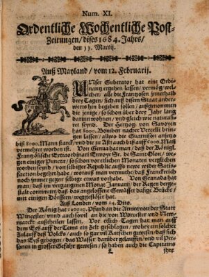 Ordentliche wochentliche Post-Zeitungen Samstag 11. März 1684