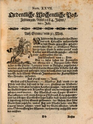 Ordentliche wochentliche Post-Zeitungen Samstag 1. Juli 1684