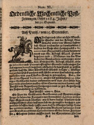 Ordentliche wochentliche Post-Zeitungen Samstag 30. September 1684