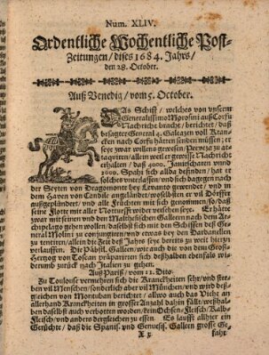 Ordentliche wochentliche Post-Zeitungen Samstag 28. Oktober 1684