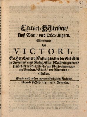 Mercurii Relation, oder wochentliche Reichs Ordinari Zeitungen, von underschidlichen Orthen (Süddeutsche Presse) Samstag 4. November 1684