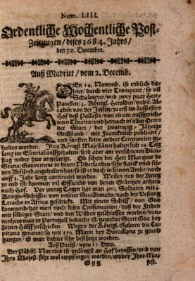 Ordentliche wochentliche Post-Zeitungen Samstag 30. Dezember 1684