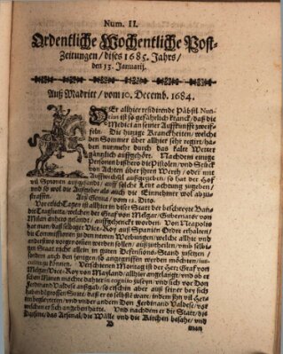 Ordentliche wochentliche Post-Zeitungen Samstag 13. Januar 1685