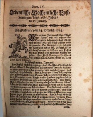 Ordentliche wochentliche Post-Zeitungen Samstag 27. Januar 1685