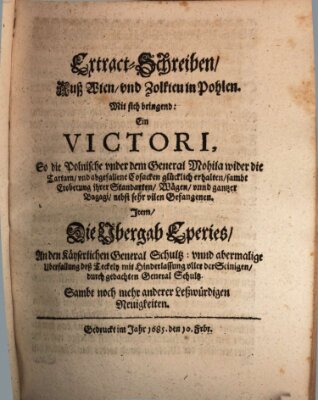 Mercurii Relation, oder wochentliche Reichs Ordinari Zeitungen, von underschidlichen Orthen (Süddeutsche Presse) Samstag 10. Februar 1685