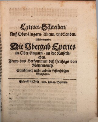 Mercurii Relation, oder wochentliche Reichs Ordinari Zeitungen, von underschidlichen Orthen (Süddeutsche Presse) Samstag 29. September 1685