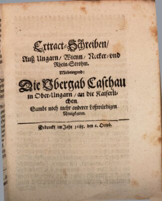 Mercurii Relation, oder wochentliche Reichs Ordinari Zeitungen, von underschidlichen Orthen (Süddeutsche Presse) Samstag 6. Oktober 1685