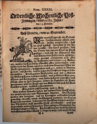 Ordentliche wochentliche Post-Zeitungen Samstag 13. Oktober 1685