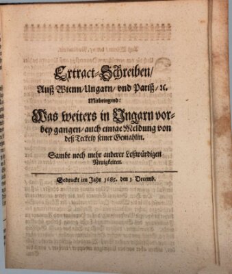 Mercurii Relation, oder wochentliche Reichs Ordinari Zeitungen, von underschidlichen Orthen (Süddeutsche Presse) Samstag 1. Dezember 1685