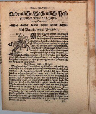 Ordentliche wochentliche Post-Zeitungen Samstag 1. Dezember 1685