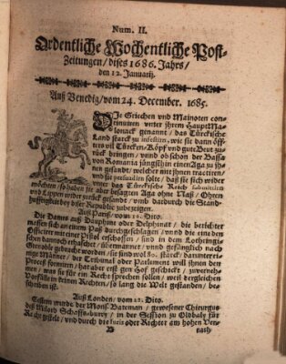 Ordentliche wochentliche Post-Zeitungen Samstag 12. Januar 1686