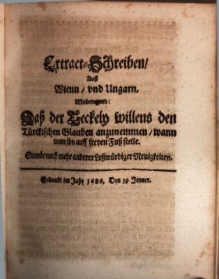 Mercurii Relation, oder wochentliche Reichs Ordinari Zeitungen, von underschidlichen Orthen (Süddeutsche Presse) Samstag 19. Januar 1686