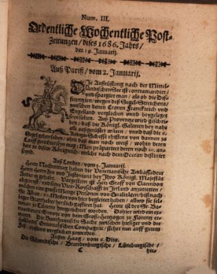 Ordentliche wochentliche Post-Zeitungen Samstag 19. Januar 1686