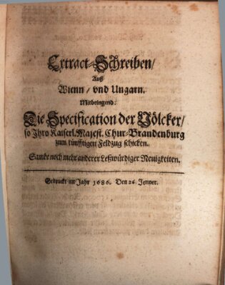 Mercurii Relation, oder wochentliche Reichs Ordinari Zeitungen, von underschidlichen Orthen (Süddeutsche Presse) Samstag 26. Januar 1686