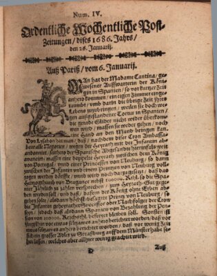 Ordentliche wochentliche Post-Zeitungen Samstag 26. Januar 1686