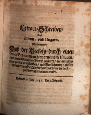 Mercurii Relation, oder wochentliche Reichs Ordinari Zeitungen, von underschidlichen Orthen (Süddeutsche Presse) Samstag 9. Februar 1686