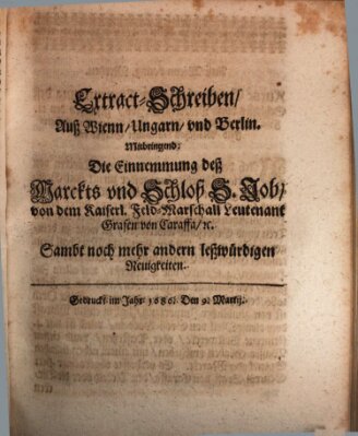 Mercurii Relation, oder wochentliche Reichs Ordinari Zeitungen, von underschidlichen Orthen (Süddeutsche Presse) Samstag 9. März 1686