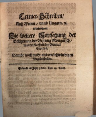 Mercurii Relation, oder wochentliche Reichs Ordinari Zeitungen, von underschidlichen Orthen (Süddeutsche Presse) Samstag 20. April 1686