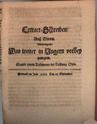 Mercurii Relation, oder wochentliche Reichs Ordinari Zeitungen, von underschidlichen Orthen (Süddeutsche Presse) Samstag 28. September 1686