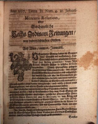 Mercurii Relation, oder wochentliche Reichs Ordinari Zeitungen, von underschidlichen Orthen (Süddeutsche Presse) Samstag 25. Januar 1687