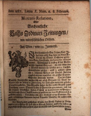 Mercurii Relation, oder wochentliche Reichs Ordinari Zeitungen, von underschidlichen Orthen (Süddeutsche Presse) Samstag 8. Februar 1687