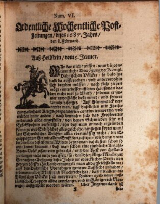 Ordentliche wochentliche Post-Zeitungen Samstag 8. Februar 1687